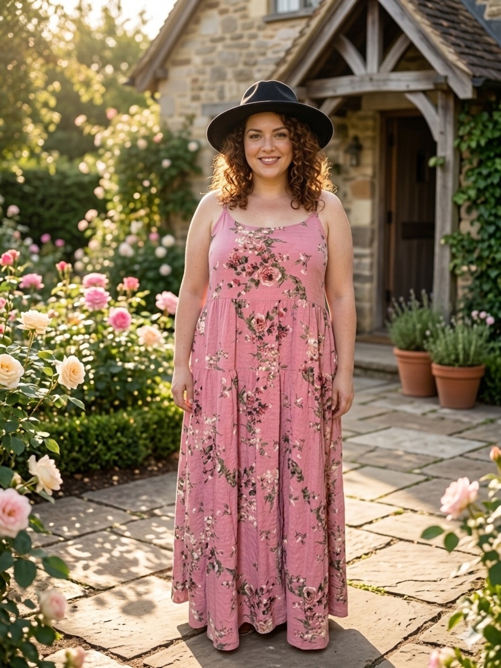 YESNO Woman’s Pink Floral Tiered Maxi Dress - Boho Cotton Cottagecore Size 3XL